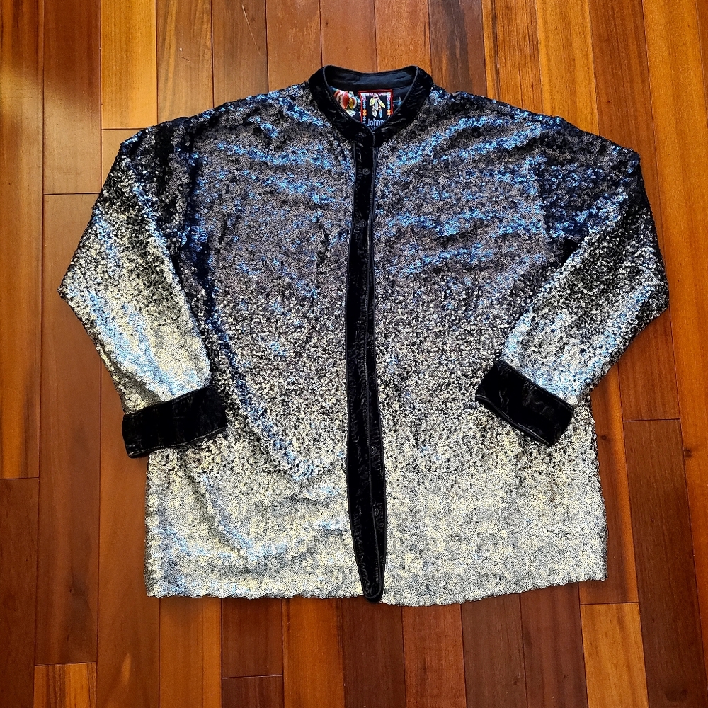 Johnny Was Sequin Black Silver M Shirt Jacket Cardigan Mobwife Casual Kimono - Picture 11 of 13